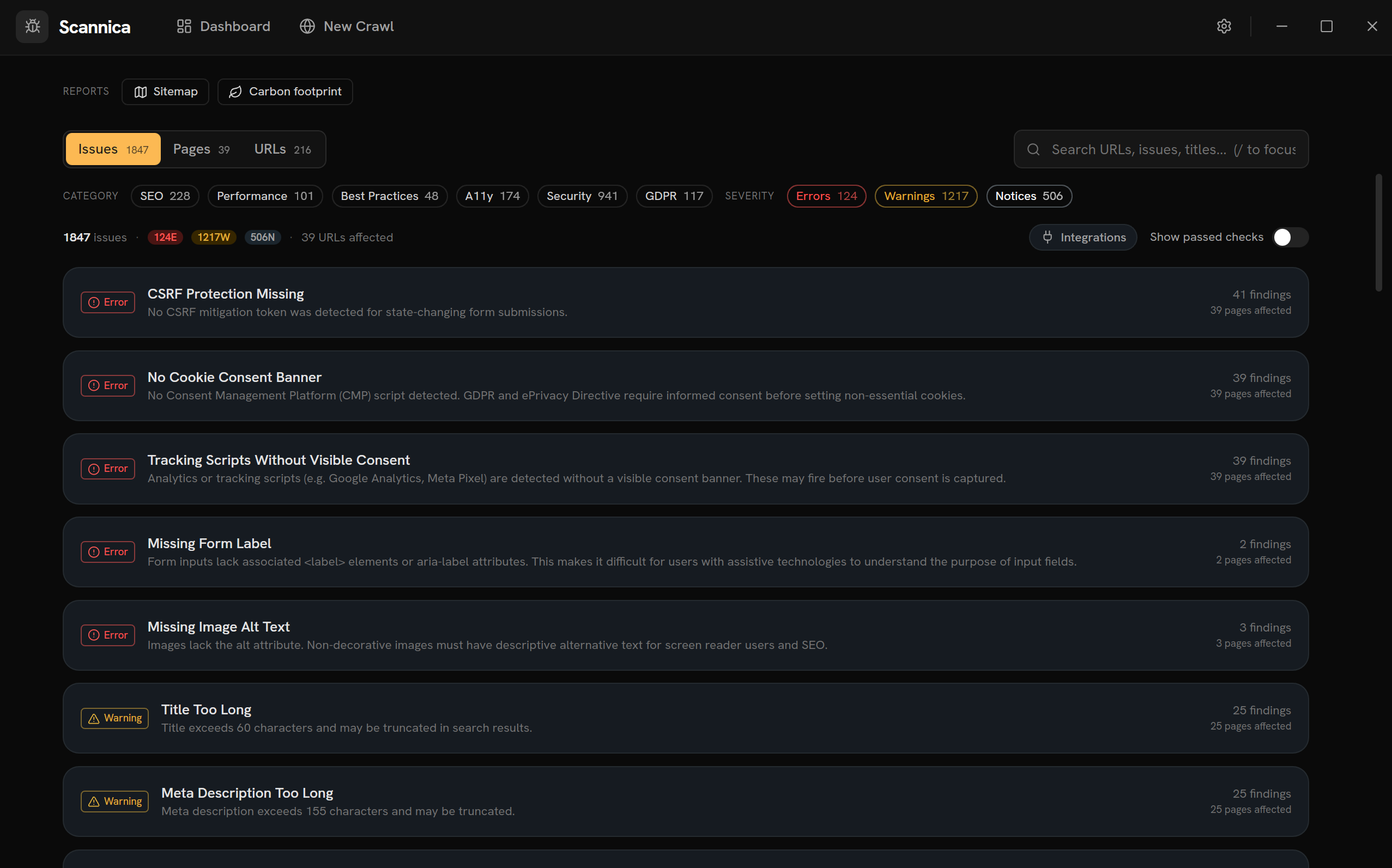 Aggregated issues across the crawl grouped by rule