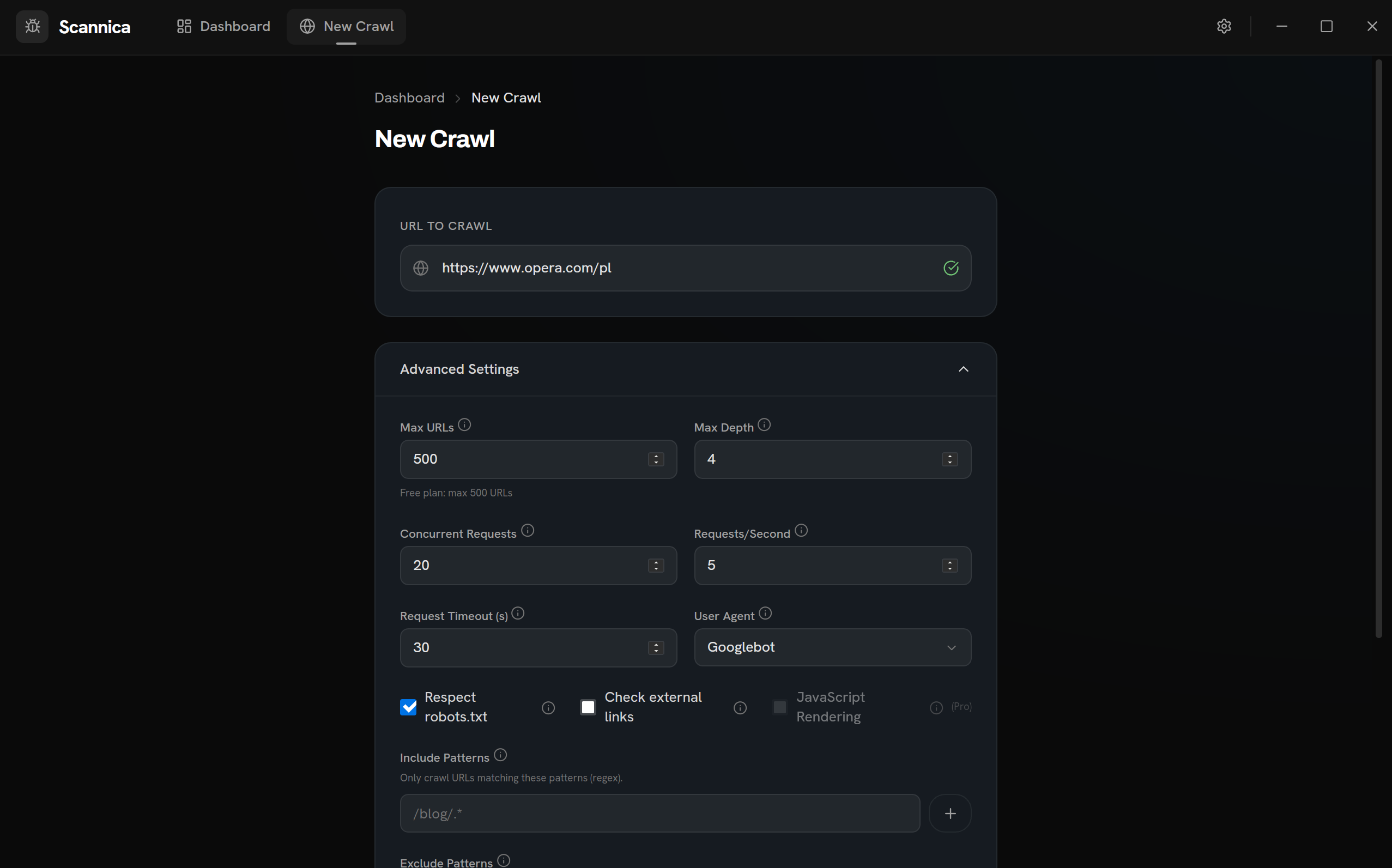 New crawl configuration with depth, concurrency and user-agent controls