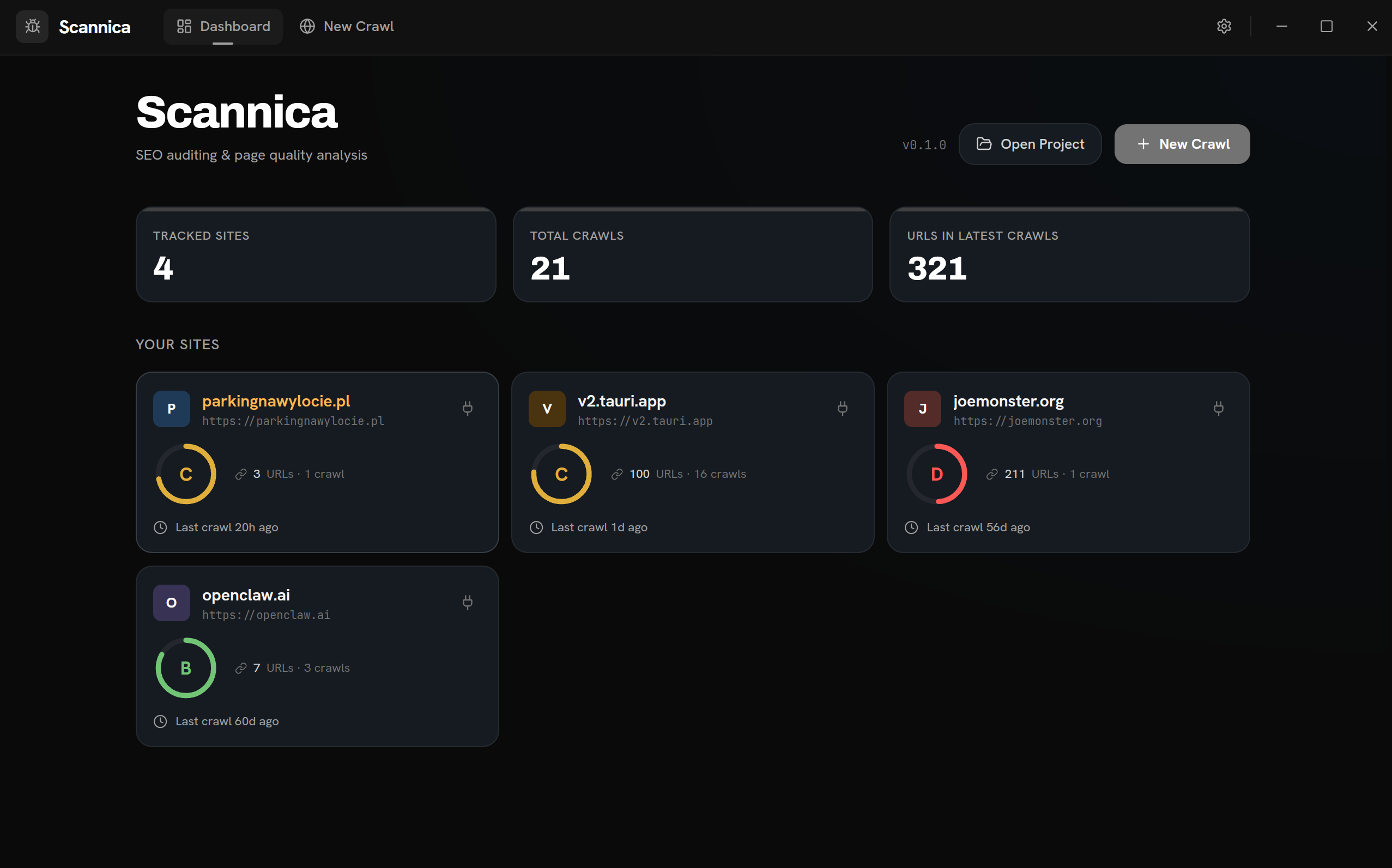 Scannica dashboard with tracked sites and their letter-grade scores